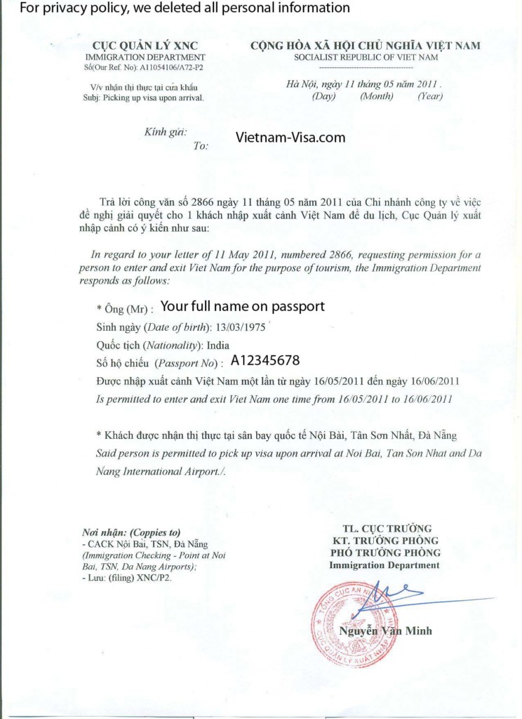 Vietnam visa approval letter sample